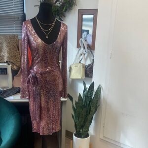 Fashion Nova Shimmering Pink Long Sleeve Dress